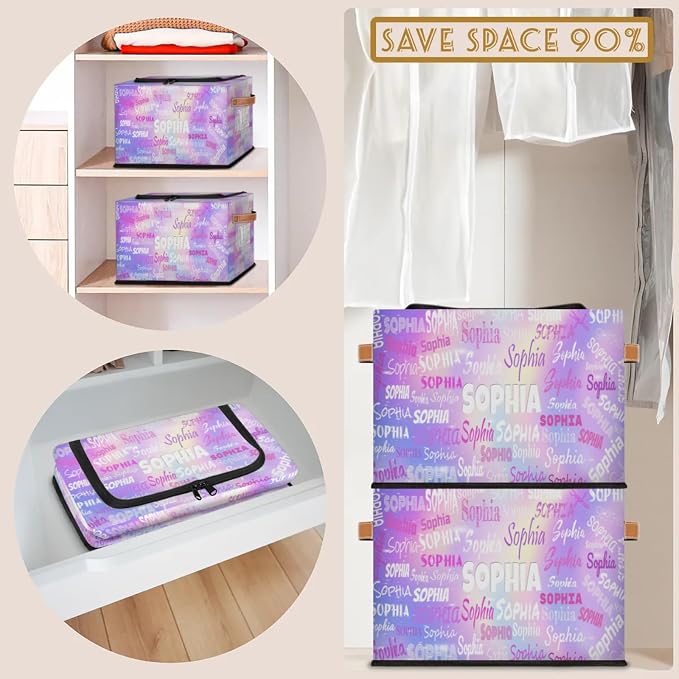 Custom Storage Baskets Named with Zipper Lid, Personalized Storage Bins Basket Boxes PU Handles for Clothes Bedroom Closet Organizing Toys Books Shelves, Bright Purple Galaxy Background