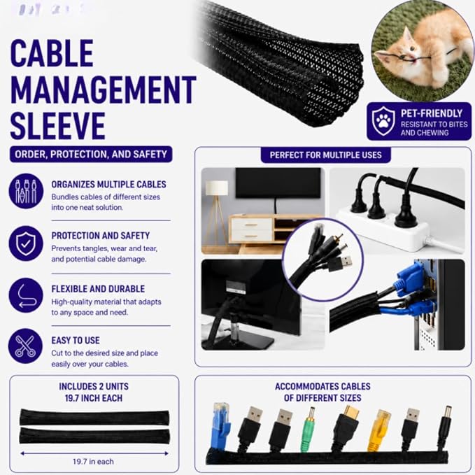 Cable Management Kit for Desk, 34-Piece, Black, Magnetic Organizer, Silicone Clips, Velcro Straps, Sleeve Wrap, Adhesive Cord Holders Office, Home & Gaming Setup cord organizer