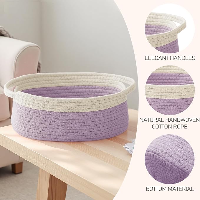JMvicyroam Small Woven Basket, Empty Gift Basket, White&Purple/2 Pack | Small Gift Basket, Cotton Rope, 12 x 8 x 55 in, Handles, Includes Ribbon and Bag, Birthday Gift Basket