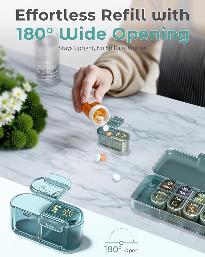 𝐏𝐢𝐥𝐥 𝐎𝐫𝐠𝐚𝐧𝐢𝐳𝐞𝐫, Am & Pm Pill Organizer 7 Days, Weekly Pill Organinzer 2 Times a Day, Pill Box 7 Day, Medicine Pill Organizer for Travel, Vitamins, Fish Oils, Supplements