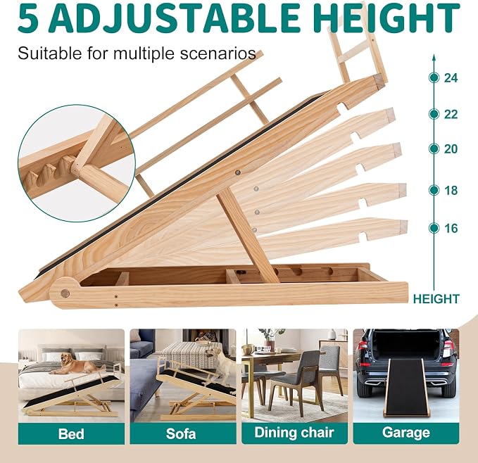 Dog Ramp for Bed & Couch, Foldable Wooden Pet Ramp, 5 Adjustable Heights | Height up to 23.5", Portable Dog Ramp with Non-Slip Rubber Surface & Safety Railings, Pet Ramp for Small, Large, Senior Dogs