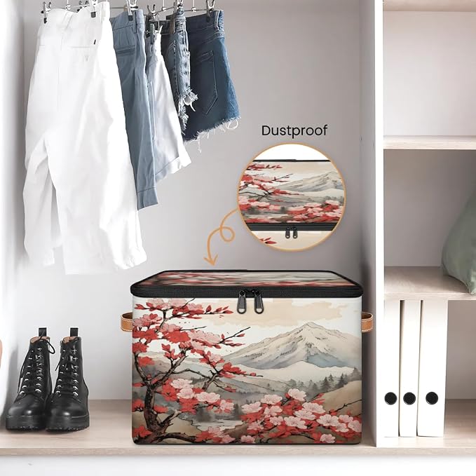 Storage Bins Japanese Cherry Blossoms Storage Basket with Zipper Lid & Handle Foldable Storage Box Storage Cube Bin Clothes Organizer for Closet, Bedroom