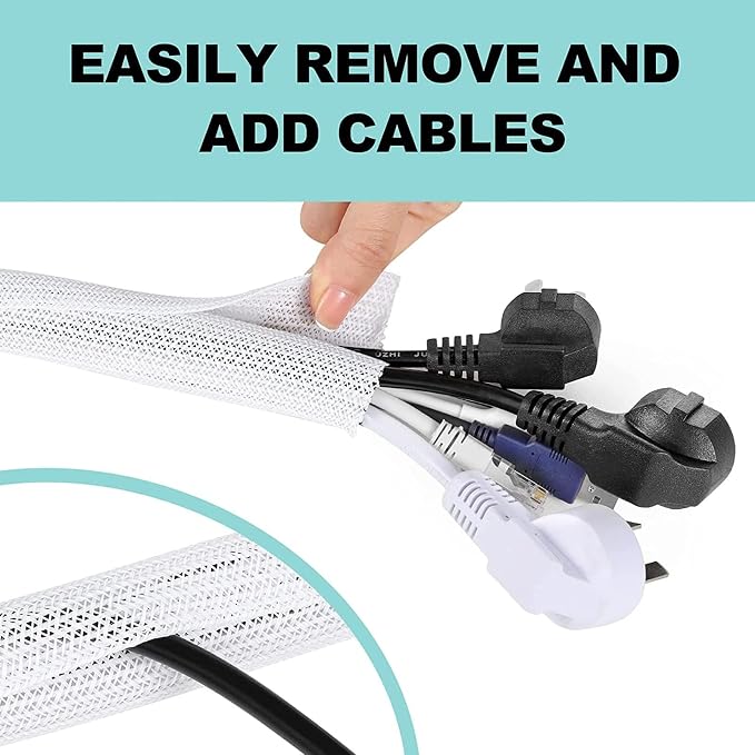 AGPTEK Cable Sleeve, 2 Pack 5ft - 1.8 inch Cable Management Cord Hide,White | Desk Cord Cover Organizer Wire Hider for Office Computer TV Wire Loom Tubing Pet-Proof Cord Protector from Cat Dog Chewing