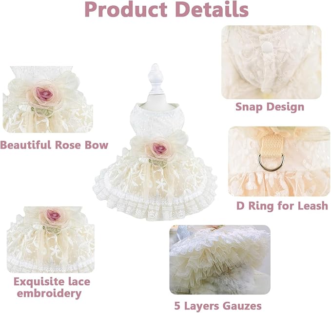 FLAdorepet Luxury Rose Lace Dog Dress with Leash Ring,Pet Bride Costume Clothes for Small Dogs Girls,Formal Dog Wedding Party Dresses Apparel (White, X-Small(Chest 11"|Weight 2-3Lbs))