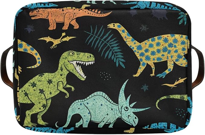 Dinosaur Pattern Storage Basket Bin, Large Cube Storage Box Canvas Collapsible Storage Organizer for Home Office Closet - 15 L x 11 W x 9.5 H