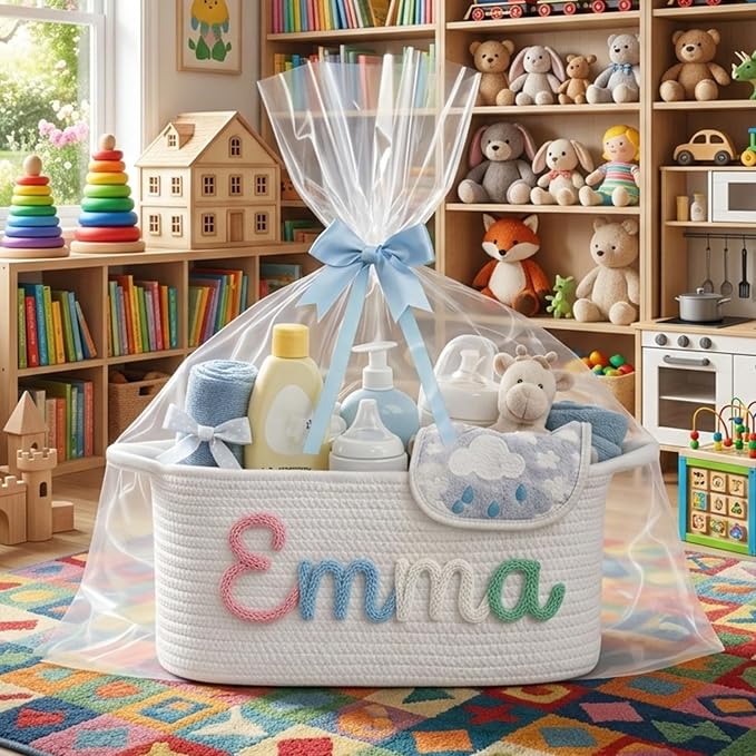 Personalized Woven Gift Basket Empty for DIY Hampers | Custom Embroidered Name Storage Bin for Baby Nursery, Pet Toys - Diaper Caddy Organizer - Cotton Rope Cats Bed