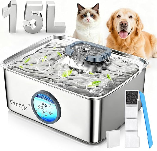 Kastty 15L/4 Gal Dog Water Fountain, Stainless Steel Large Pet Water Fountain with Water Level LED Light, Quiet Automatic Dog Water Bowl Dispenser for Dogs Inside Easy Cleaning FS79