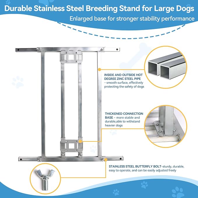 Dog Breeding Stand, Stainless Steel Breeding Stand for Dogs, Shoulder Height 17.5 IN-35.5 IN,Pet Fixed Bracket for Medium to Large Dogs,Adjustable Height and Length,Strong Grooming Breeding Stand（L）