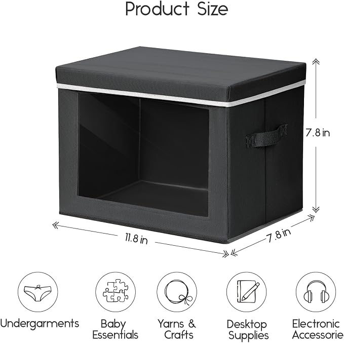 Storage Bins with Lids - Small Fabric Organizers with Window, Collapsible Storage Bins for Clothes, Decorative Closet Organizers for Towels, Tshirt, 4 Pack, Black