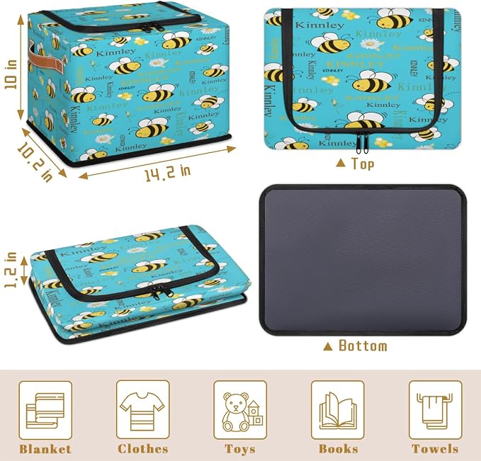 Personalized Storage Basket with Name, Cartoon Bee with Daisy Rectangle Toys Storage Bin with Zipper Lid for Baby, Boys, Girls, Collapsible Basket for Clothes, Books, Aqua Blue Background