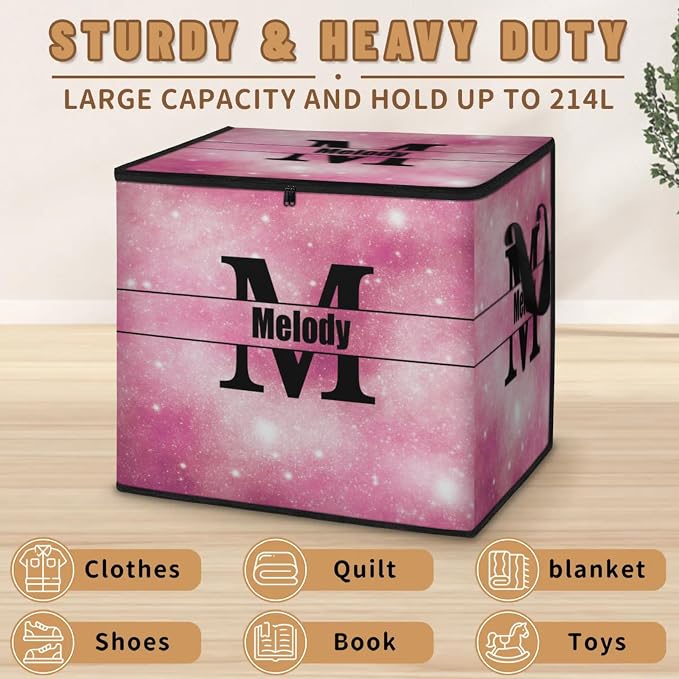 Personalized Extra Large Storage Bins with Lid, Customized Name Jumbo Storage Basket Rectangle Clothes Organizer for Organizing Kids and Pets Toys Shelf Closet, Pink Galaxy with Initial Letter