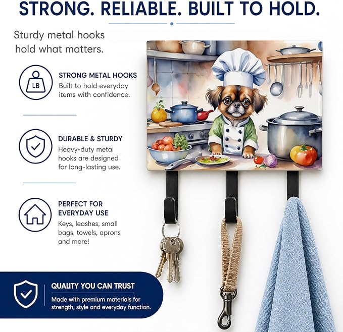 Caroline's Treasures Tibetan Spaniel The Chef Leash or Key Holder Wall Hooks, Key Hooks Holder, Coat Rack Wall Mount, Coat Hooks, Hooks for Hanging Keys, Towels, Aprons, Leashes | Tibetan Spaniel The Chef artwork on ceramic tile with three steel hooks ...