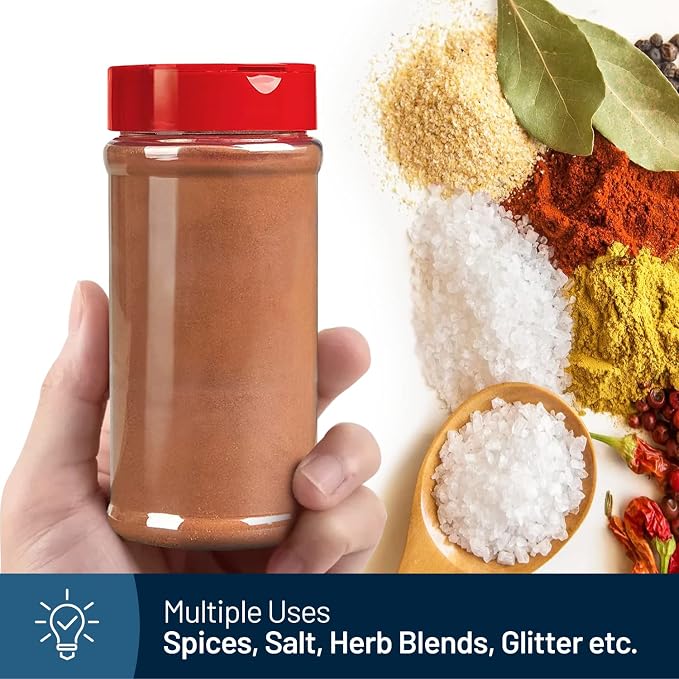 Plastic Spice Jars Bottle Containers with Red Cap, 16 Oz, 6 Pack | Clear Safe Plastic Bottle Containers with Shaker Lids, Lined Cap, PET Material, BPA-Free, Perfect for Herbs & Spices