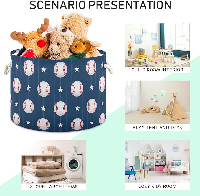 DOMIKING Large Storage Basket for Toys Baseball Blue Print Storage Bin Box Laundry Basket for Nursery Room Home Decor, Pet Toy, Blankets