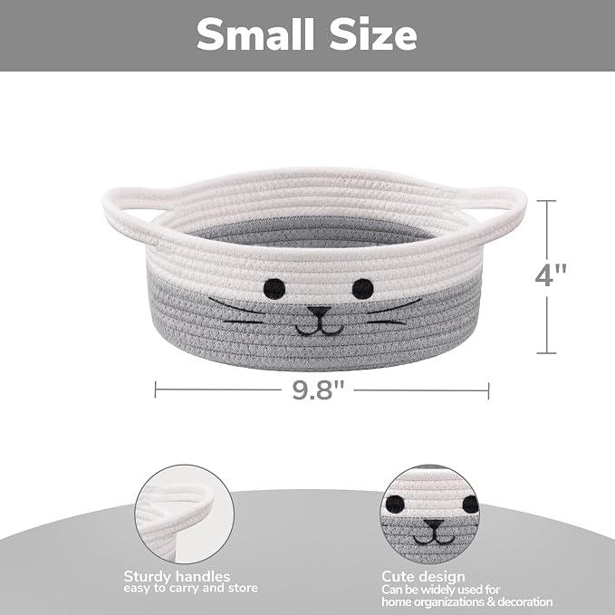 Small Woven Rope Cat Toy Basket with Cat Face Design, White Grey | 9.8" x 4" Cute Cat Basket for Living Room, Decorative Baby Storage Basket, Pet Gift Basket Empty with Sturdy Handles