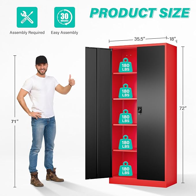 Wide & Deep Metal Storage Cabinet with Lock & Adjustable Shelves,72" Red Black Garage Storage Cabinet with Locking Doors,Lockable Cabinets for Home,Office,Shop,Garage,Basement 72x36x18
