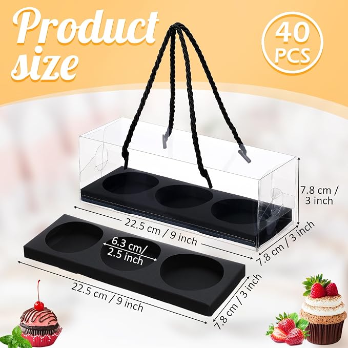 Thenshop 40 Pcs Clear Cupcake Boxes 9x3x3 in 3 Compartment Holder,Black | Transparent Holders with Handles, Individual Pastry Display for Wedding Graduation Party Favors Cookies Treats Gifts