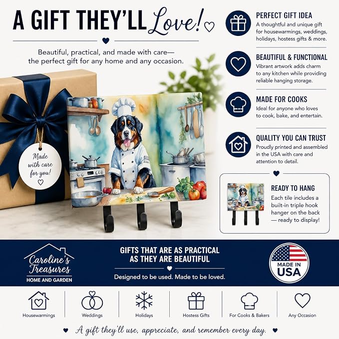 Caroline's Treasures Bernese Mountain Dog The Chef Leash or Key Holder Wall Hooks, Key Hooks Holder, Coat Rack Wall Mount, Coat Hooks, Hooks for Hanging Keys, Towels, Aprons, Leashes | Bernese Mountain Dog The Chef artwork on ceramic tile with three st...