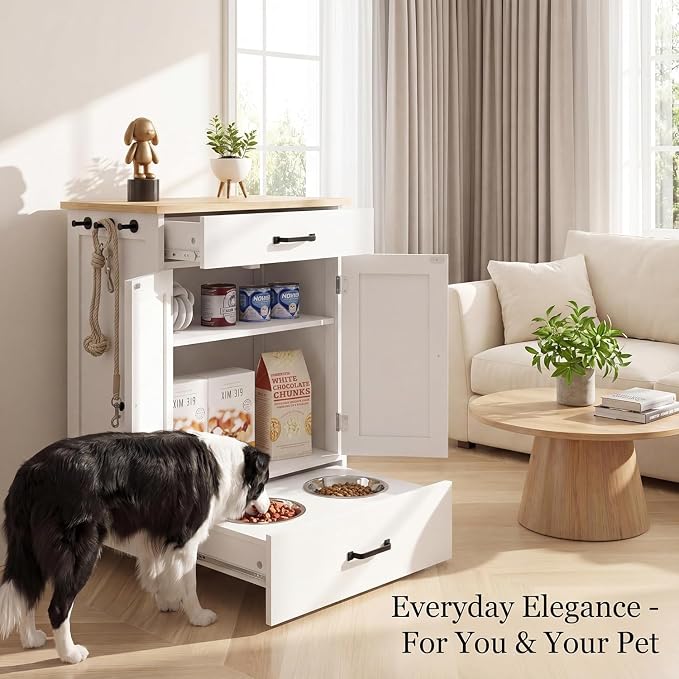 Elevated Stainless Dog Bowls,Feeding Station for Food Storage White Wood | LINLUX Pet Organizer Cabinet With Adjustable Shelf Sliding Drawer Hidden Feeder ,Toy Organization Container for Cats & Dogs