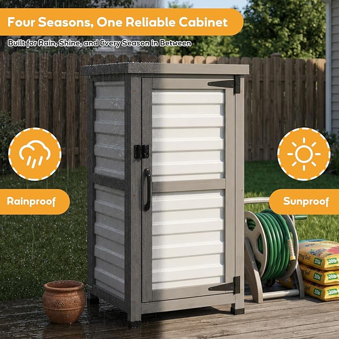Outdoor Storage Cabinet with Metal Top, Wooden & Plastic Potting Bench & Tool Organizer, Adjustable Shelf for Patio Backyard Garden, Small Outdoor Cabinet for Tools