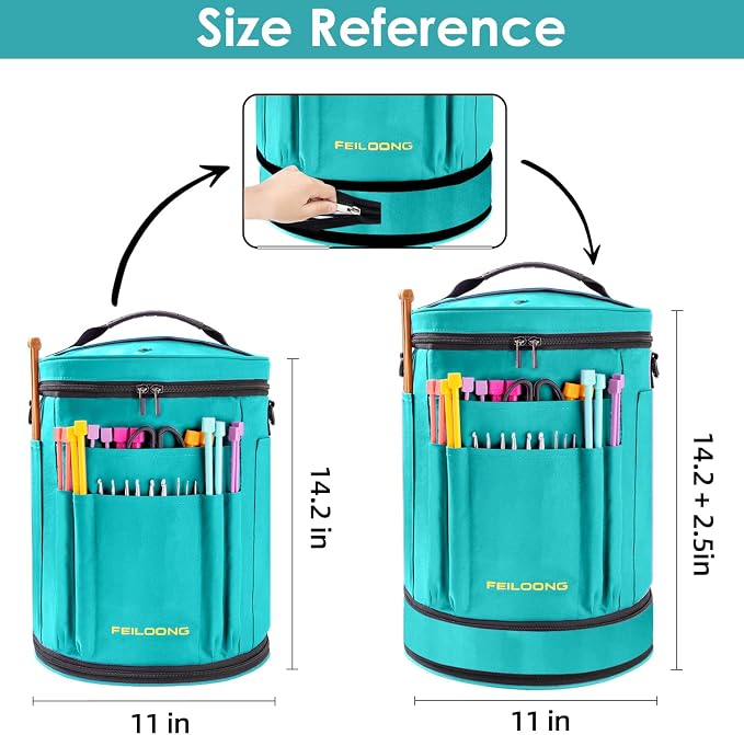 Expandable Crochet Bag, Yarn Storage Organizer & Knitting Tote Bag | Multiple Pockets, with Accessories Pouch shoulder strap, Sturdy Yarn Bags with Zipper Closure, Portable, Gift for Crafters