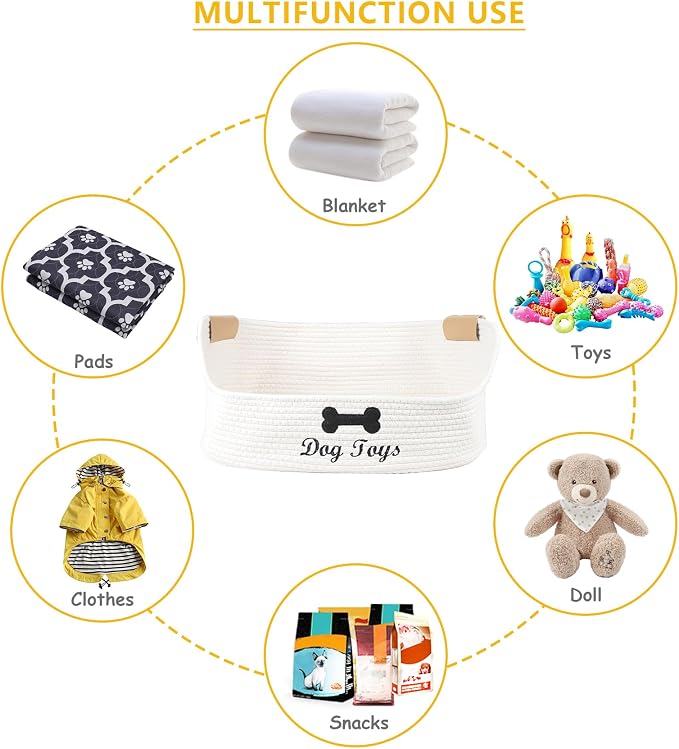 Woven Dog Toy Baskets,Rope Basket for Dog Toys,Collapsible Dog Toy Bin with Leather Handles,Trapezoidal Puppy Toy Storage Basket,Chewproof Dog Organizer for Toys,Collar,Leash,Blankets-Beige