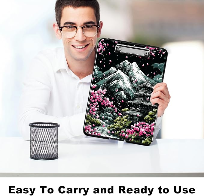 Heavy Duty Storage Clipboard, Slim Nursing Clipboard with Internal Pen Case, Portable File Organizer Case for A4 Letter Size Paper Office Medical Professionals, Sakura Dark Mountain Range