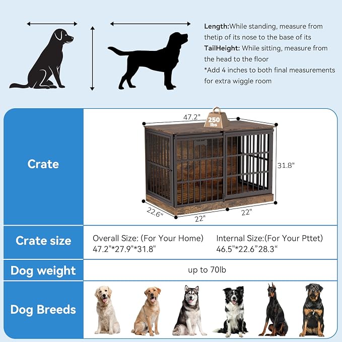 Petrova 47" Dog Crate Furniture for Large/Medium Dogs, Heavy Duty Dog Kennel Indoor with Name Tag, Wooden Dog Cage with Sliding Barn Door, Decorate House as TV Stand, End Table, Brown