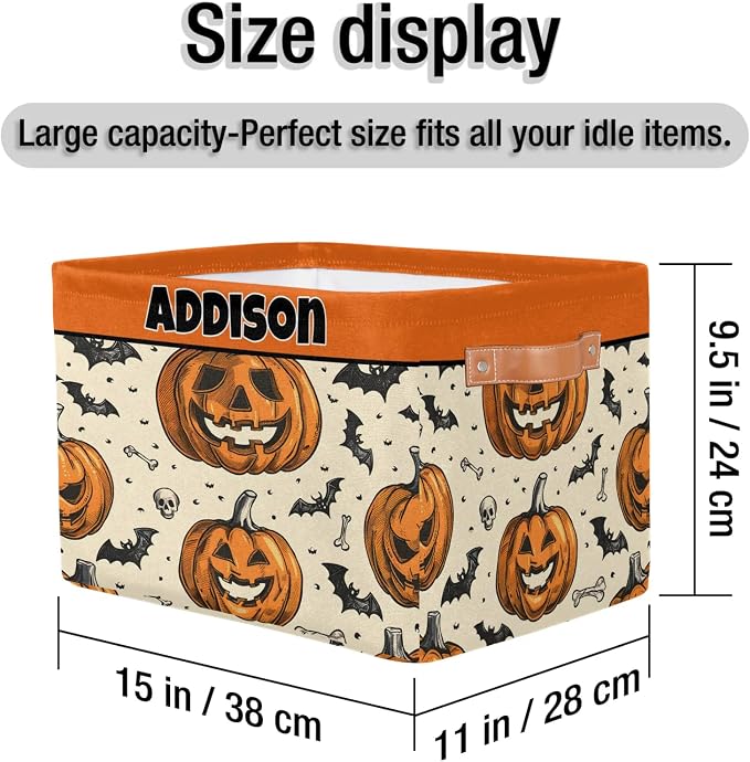 Custom Name Storage Basket Happy Halloween Pumpkin Bat Storage Box Bins Organizing Kids Pets Toys Closet Shelf Clothes Books