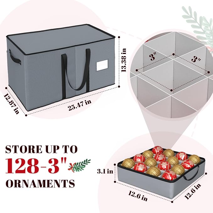 Keten Large Christmas Ornament Storage Boxes with Adjustable Dividers | Stores up to 128 Holiday Ornaments 3-Inch, 8 Individual Trays with Handles,48 Dividers, Zippered Lid, 600D Oxford (Grey)