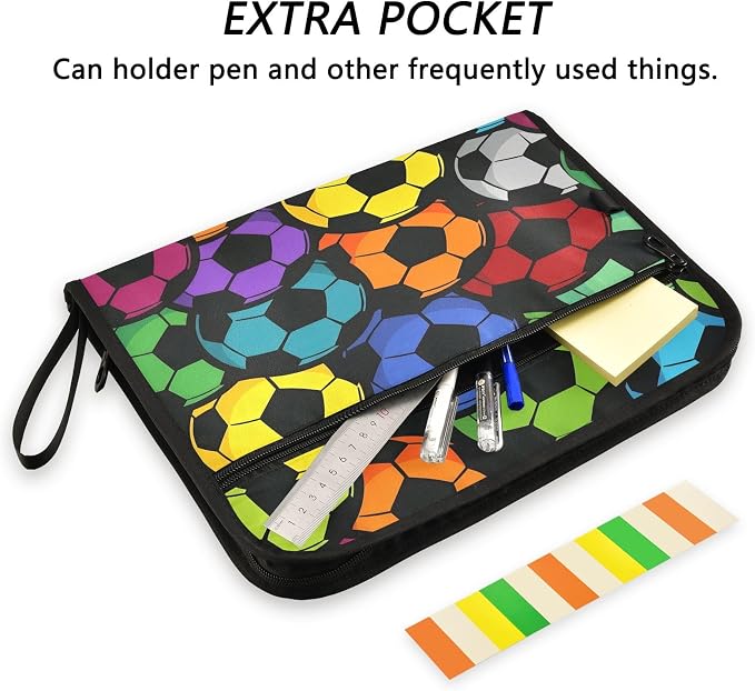Colorful Soccer Ball Pattern 13 Pocket File Organizer Expanding File Folder with Front Pouch Portable Business File Storage Document Organizer Folder with Zipper