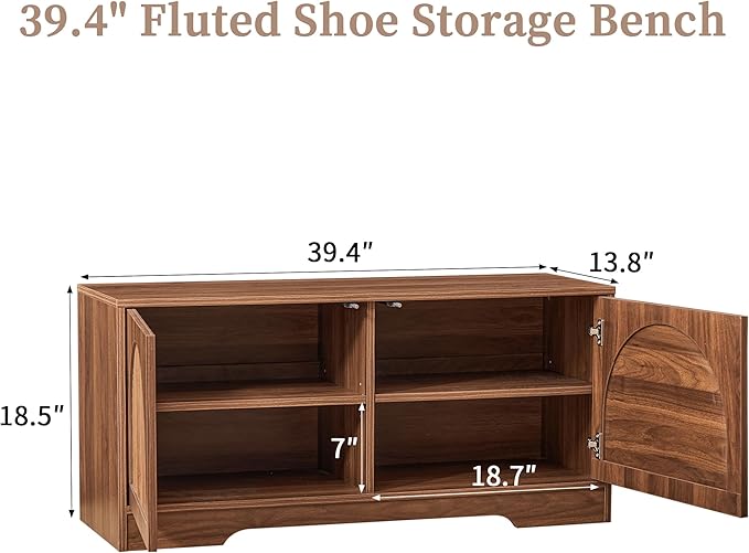 BERRYMERRY 39.4" Fluted Walnut Shoe Storage Bench for Entryway | Arched Door,Entryway,End of Bed,Shoe Cabinet,Adjustable Shelf,Bedroom,Brown,Mid Century Modern