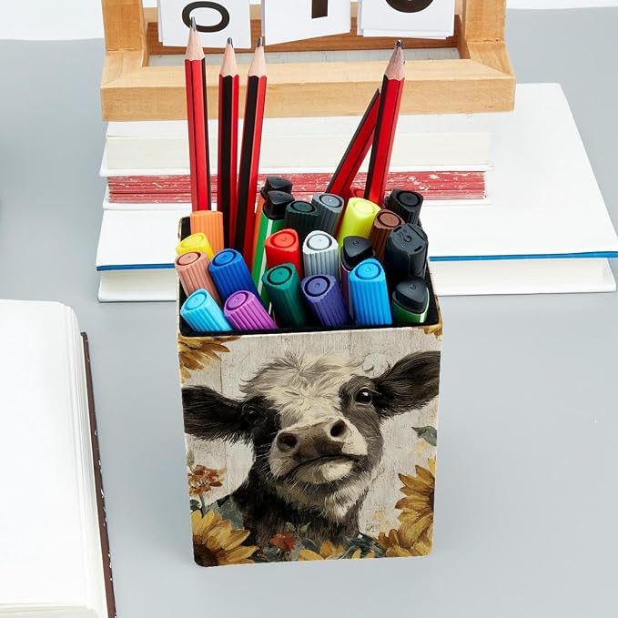 Retro Cow Pen Holder for Desk Decor, Rectangular PVC Leather Pencil Cup for Desk Pen Organizer, Makeup Brush Holder for School, Home, Office