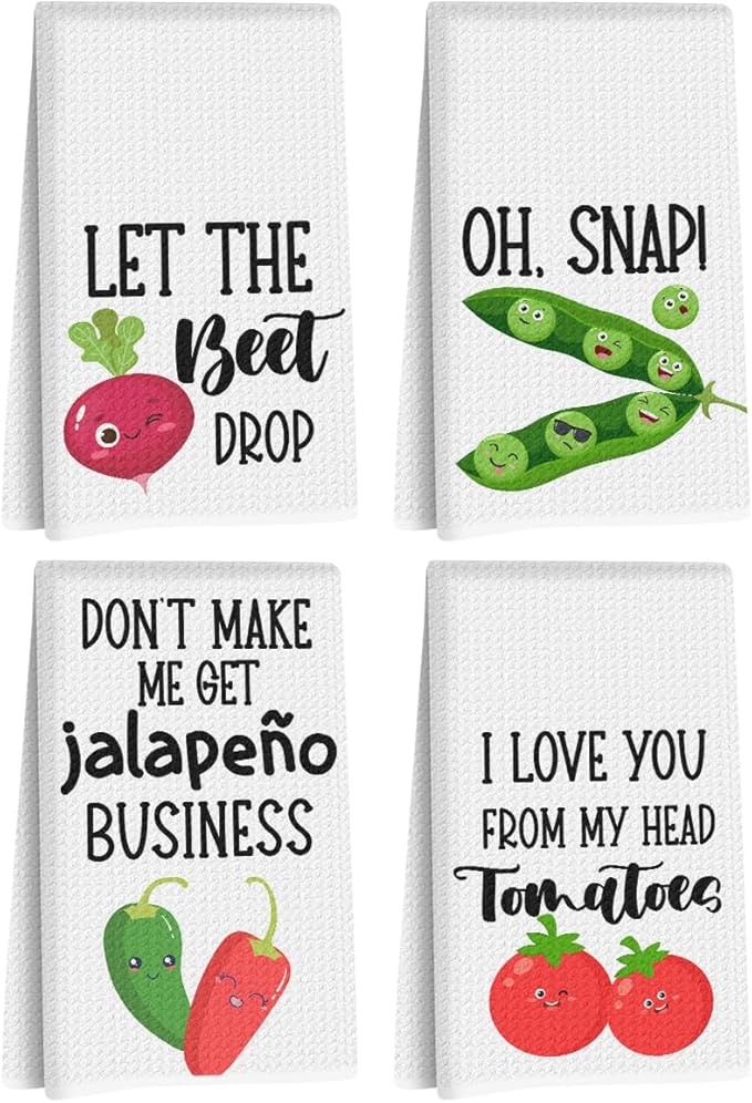 4 Pcs Funny Vegetable Kitchen Towels 24x14 Inch, Chili Carrot Pepper Tomato Decor Microfiber Reusable Tea Towels for Kitchen Farmhouse, Durable Waffle Dish Drying Towel, Plant Gifts for Women Mom