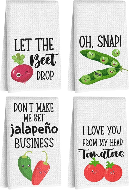 4 Pcs Funny Vegetable Kitchen Towels 24x14 Inch, Chili Carrot Pepper Tomato Decor Microfiber Reusable Tea Towels for Kitchen Farmhouse, Durable Waffle Dish Drying Towel, Plant Gifts for Women Mom