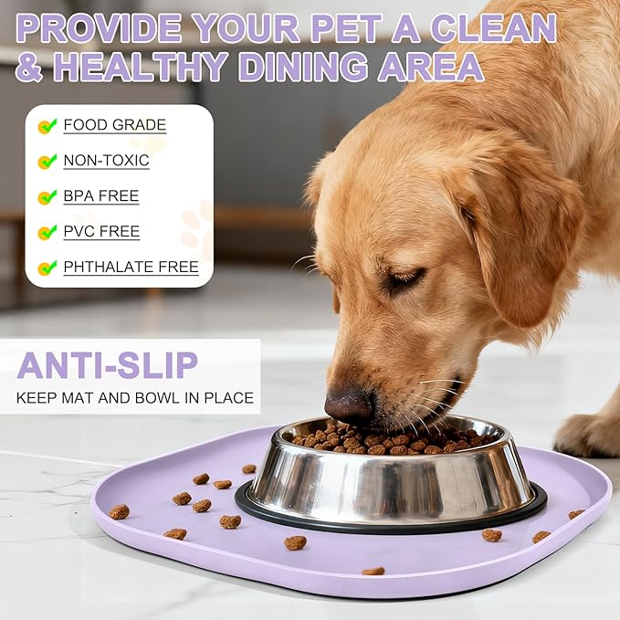 Smilool Small Silicone Pet Food Mat with Raised Edge for Food and Water Bowl, Square Dog Feeding Mats, Cat Food Trays for Floor Waterproof, Rubber Tray for Dogs and Cats, 12 x 12 x 0.7 Light Purple