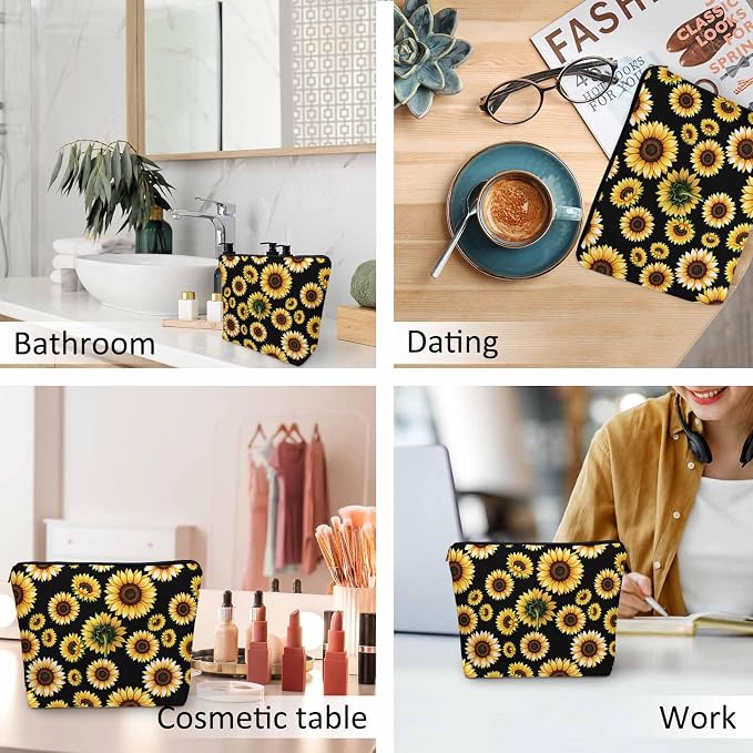 Sunflower Cosmetic Bags For Women, Blossom Sunflowers Yellow Roomy Makeup Bag Toiletry Bag Accessories Organizer Storage Bags Makeup Pouch For Travel Business Gym Camping Bathroom