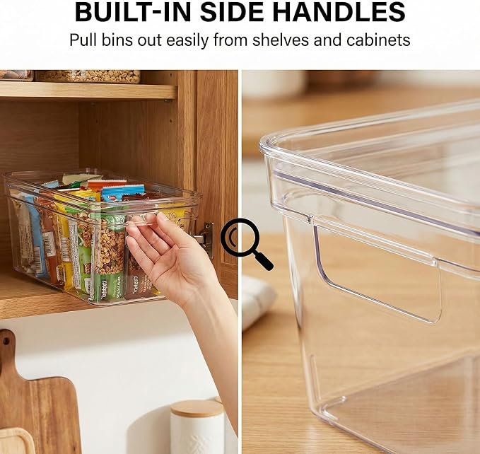 MOONEDGE 8-Pack 10x6x5 Stackable Small Clear Storage Bins with Lids | Plastic small item organizer containers with handles for vanity, craft, office, fridge, kitchen, pantry, bathroom and closet
