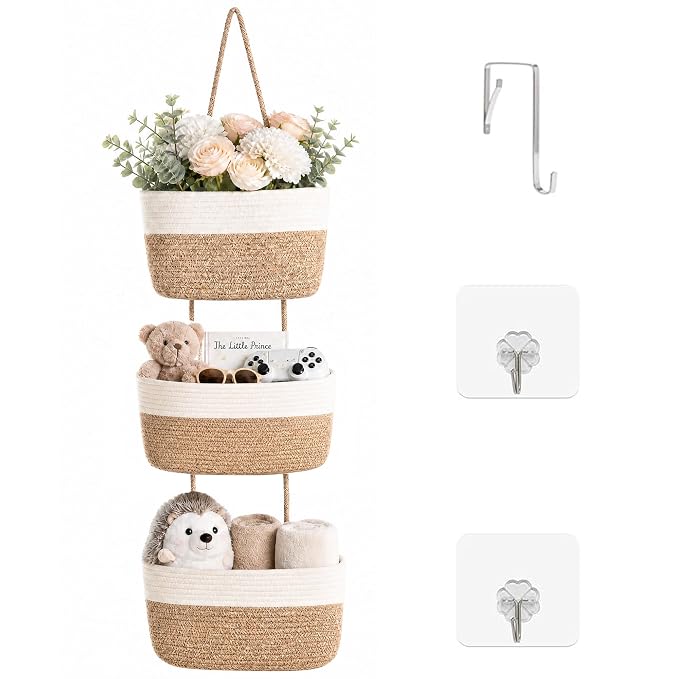 ICERZCZ Hanging Baskets for Organizing, Over the Door Decorative Storage Organizer, Nursery Decor Organization, 3-Tier Wall Basket for Entryway Playroom Bathroom Closet, Mixed Brown & Off White