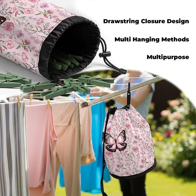 Floral Butterfly Drawstring Clothespin Organizer Bag, Laundry Peg Storage Pouch with Hanging Grommet, Portable Clips Holder for Drying, Perfect for Home, Camping & Outdoor Use