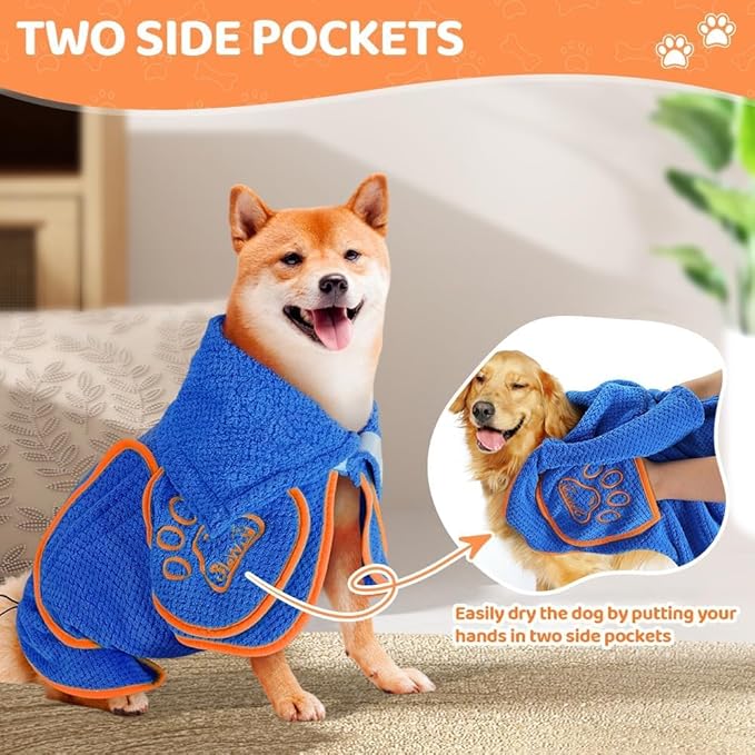 SlowTon Dog Bathrobe Drying Coat – Super Absorbent Microfiber Towel Wrap with Adjustable Collar & Belly Strap, Fast Drying Bath Robe for After Bath Swim, for Large, Medium, Small Dogs (Blue M)