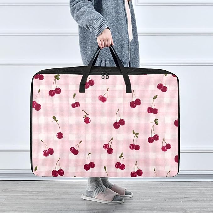 Comforter Storage Bags Large Folding Blanket Organizer Bag with Strong Handles Clear Window Closet Storage Containers for Clothes King Queen Pillows Bedding Quilt Duvet Pink Gingham Cherry