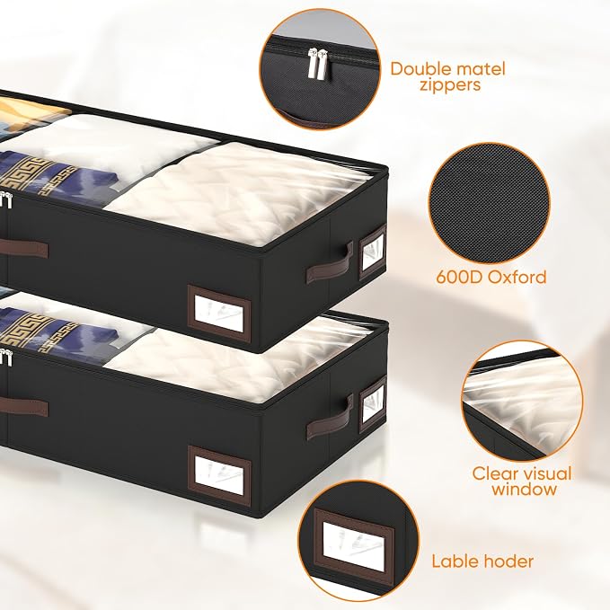 OIAHOMY 2 Pack 53L Under Bed Storage with Adjustable Dividers, 6" Low Profile Underbed Storage Bins for Comforters & Clothes, Save Closet Space with Clear View Lid & Reinforced Handles, Black