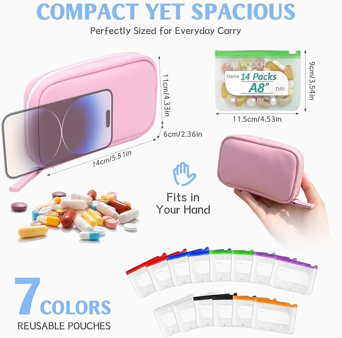 A8 Weekly Waterproof Pill Pouch Set, Reusable Weekly Pill Organizer with 14 Coded AM PM Pouches, Compact Portable Vitamin Supplement Storage Case for Travel Purse Daily Use
