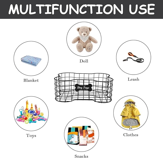 Metal Dog Toy Basket,Iron Wire Dog Toy Bin,Dog Bone Shaped Basket,Puppy Toy Stuff Organizer,Sturdy Dog Storage for Dog Toys,Harness,Leash,Blanket,Snacks,Accessories-Black