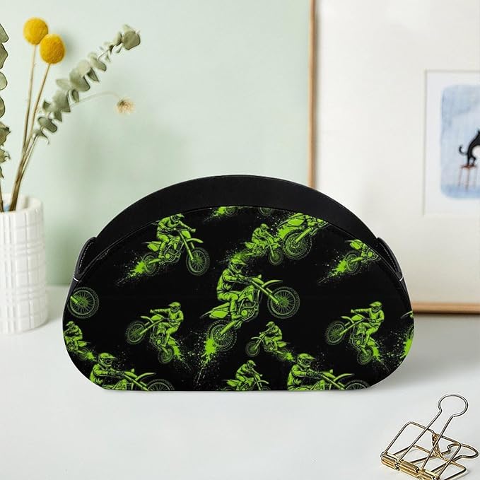 Remote Control Holder Motocross Rider Black 5 Compartment Table Organizer | PU Leather Desktop Caddy Box, Motocross Rider Extreme Sports Green Black, for Media Player, Stationery, Office Accessories