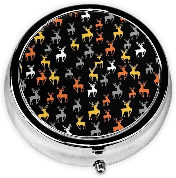 Pocket Pill Box, Waterproof Round Dispenser, Portable Mini Case for Supplements, Daily Use Organizer for Active Lifestyles, Retro Style Reindeer Deer Black
