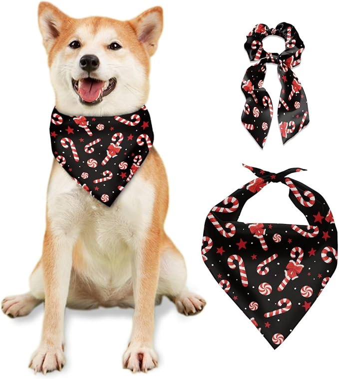COEQINE Christmas Winter Dog Bandanas Bulk with Bow Hair Tie Pattern Dogs Birthday Bandana Xmas Candy Black Cute Holiday Costum Kawaii Dog Outfit for Small Medium Large Puppy