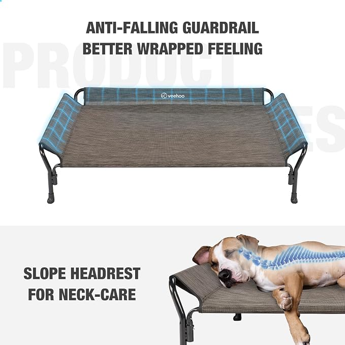 Veehoo Cooling Elevated Dog Bed, Raised Dog Cot with Guardrail & Headrest | Washable Dog Couch Bed for Indoor & Outdoor, Durable Breathable Teslin Mesh, Non-Slip Feet, Large 47" x 32", Brown