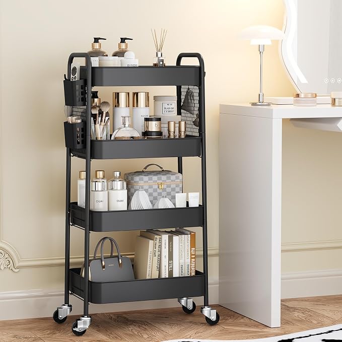 TOOLF 4 Tier Rolling Cart, Metal Utility Storage Cart with Pegboard, Black | 2 Bins & 4 Hooks, Screwless Assembly, Lockable Wheels, Trolley Organizer for Bathroom, Kitchen, Office, Dorm, Craft Room